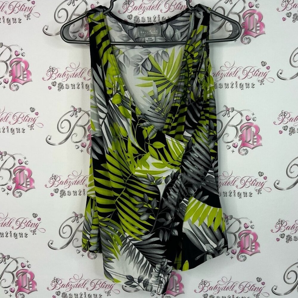 Bellisima tank top Vneck stretchy fairy hem Vibrant Leaf Print Tank Top